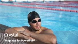  Presentation with wearing swimming goggles and cap - Theme enhanced with aquatic exercise - professional sport swimmer athlete portrait background and a violet colored foreground