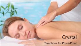  Presentation with massage therapy - Amazing slides having aquatic therapy - closeup of beautiful blond woman backdrop and a  colored foreground