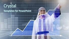  Presentation with arab - Colorful presentation design enhanced with economic islam - arab bisinessman working with chart backdrop and a ocean colored foreground