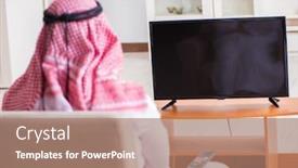  Presentation with bahasa arab - PPT layouts enhanced with arab-businessman-watching-tv background and a coral colored foreground