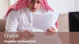  Presentation with arab israeli conflict - Colorful PPT theme enhanced with arab-businessman-watching-tv backdrop and a violet colored foreground