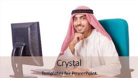  Presentation with arab - Slide set consisting of arab businessman working on computer background and a  colored foreground
