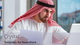  Presentation with arab - Presentation theme enhanced with arab-businessman-working-on-laptop background and a light blue colored foreground