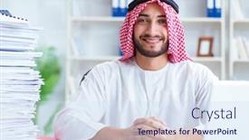  Presentation with paperwork - Slide deck with arab businessman working in the office doing paperwork with a pi background and a sky blue colored foreground