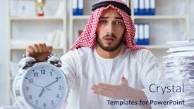  Presentation with paperwork - Cool new PPT theme with arab businessman working in the office doing paperwork with a pile backdrop and a lemonade colored foreground