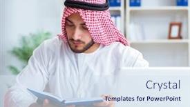  Presentation with paperwork - PPT layouts consisting of arab-businessman-working background and a sky blue colored foreground