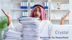  Presentation with paperwork - Amazing PPT theme having arab-businessman-working backdrop and a light blue colored foreground
