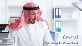  Presentation with arab - Colorful slide set enhanced with arab-businessman-working backdrop and a sky blue colored foreground