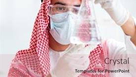  Presentation with drinking water - Amazing PPT theme having arab-chemist-checking-the-quality backdrop and a coral colored foreground
