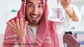  Presentation with drinking water - PPT theme having arab-chemist-checking-the-quality background and a coral colored foreground