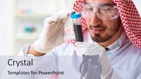  Presentation with testing - Audience pleasing slides consisting of arab chemist scientist testing quality backdrop and a  colored foreground