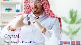  Presentation with animal testing scientist doing experiment - Slide deck having arab chemist scientist testing quality background and a  colored foreground