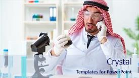  Presentation with animal testing scientist doing experiment - Theme enhanced with arab chemist scientist testing quality background and a sky blue colored foreground