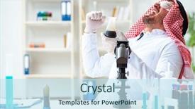  Presentation with animal testing scientist doing experiment - Amazing PPT theme having arab chemist scientist testing quality backdrop and a  colored foreground