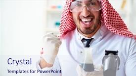  Presentation with testing - Slide set consisting of arab chemist scientist testing quality background and a  colored foreground