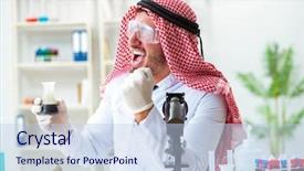  Presentation with animal testing scientist doing experiment - Theme with arab chemist scientist testing quality background and a  colored foreground
