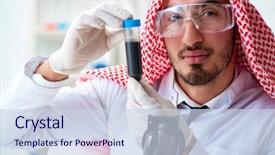  Presentation with testing - Colorful PPT layouts enhanced with arab chemist scientist testing quality backdrop and a  colored foreground