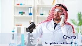  Presentation with animal testing scientist doing experiment - Slides having arab chemist scientist testing quality background and a sky blue colored foreground