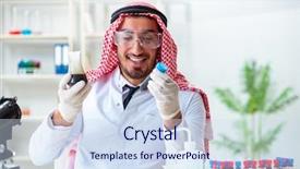  Presentation with comprehensive quality management - PPT layouts featuring arab chemist scientist testing quality background and a  colored foreground