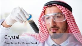  Presentation with quality policy - Cool new slides with arab chemist scientist testing quality backdrop and a  colored foreground
