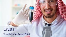  Presentation with animal testing scientist doing experiment - Beautiful theme featuring arab chemist scientist testing quality backdrop and a  colored foreground