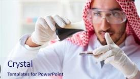  Presentation with animal testing scientist doing experiment - Amazing slide deck having arab chemist scientist testing quality backdrop and a  colored foreground
