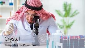 Presentation with comprehensive quality management - Slide set consisting of arab chemist scientist testing quality background and a  colored foreground