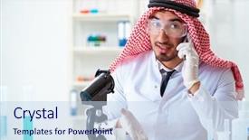  Presentation with testing - PPT theme with arab chemist scientist testing quality background and a sky blue colored foreground