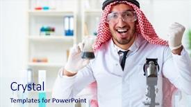  Presentation with animal testing scientist doing experiment - Slide set consisting of arab chemist scientist testing quality background and a  colored foreground