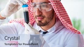  Presentation with testing - Slide deck having arab chemist scientist testing quality background and a  colored foreground