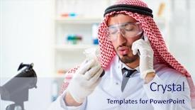  Presentation with animal testing scientist doing experiment - PPT theme enhanced with arab chemist scientist testing quality background and a sky blue colored foreground