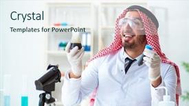  Presentation with testing - Amazing slide set having arab chemist scientist testing quality backdrop and a  colored foreground