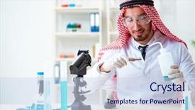  Presentation with testing - Audience pleasing slide set consisting of arab chemist scientist testing quality backdrop and a sky blue colored foreground