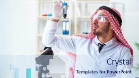  Presentation with animal testing scientist doing experiment - Theme featuring arab chemist scientist testing quality background and a sky blue colored foreground