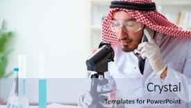  Presentation with testing - Slides consisting of arab chemist scientist testing quality background and a light blue colored foreground