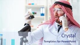  Presentation with animal testing scientist doing experiment - Presentation theme enhanced with arab chemist scientist testing quality background and a sky blue colored foreground