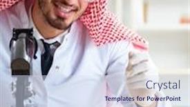  Presentation with testing - Audience pleasing PPT theme consisting of arab chemist scientist testing quality of oil petrol backdrop and a sky blue colored foreground