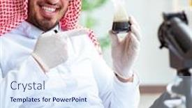  Presentation with animal testing scientist doing experiment - Cool new presentation design with arab-chemist-scientist-testing-quality backdrop and a sky blue colored foreground