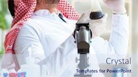  Presentation with testing - PPT theme featuring arab-chemist-scientist-testing-quality background and a sky blue colored foreground