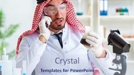  Presentation with testing - Audience pleasing PPT layouts consisting of arab-chemist-scientist-testing-quality backdrop and a sky blue colored foreground