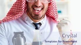  Presentation with testing - PPT layouts with arab-chemist-scientist-testing-quality background and a sky blue colored foreground