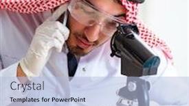  Presentation with animal testing scientist doing experiment - Amazing slide set having arab-chemist-scientist-testing-quality backdrop and a light blue colored foreground