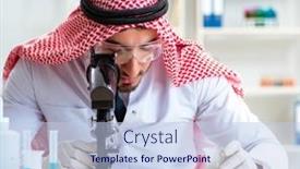  Presentation with animal testing scientist doing experiment - PPT theme enhanced with arab-chemist-scientist-testing-quality background and a light blue colored foreground