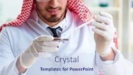  Presentation with animal testing scientist doing experiment - Slides with arab-chemist-scientist-testing-quality background and a sky blue colored foreground