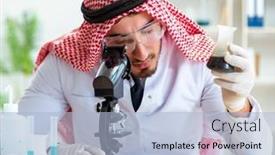  Presentation with testing - Slide set featuring arab-chemist-scientist-testing-quality background and a light blue colored foreground