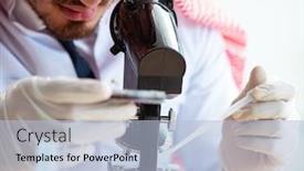  Presentation with chemist - Beautiful slides featuring arab-chemist-working backdrop and a light blue colored foreground