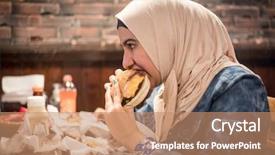  Presentation with packed restaurant food - PPT theme featuring arab girls at fast food background and a coral colored foreground
