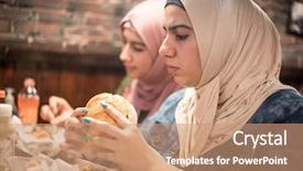  Presentation with packed restaurant food - Slide deck enhanced with arab girls at fast food background and a coral colored foreground