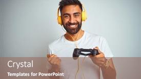  Presentation with video-background - Presentation design with arab indian gamer man playing video game using headphones over isolated white background screaming proud and celebrating victory and success very excited cheering emotion background and a coral colored foreground