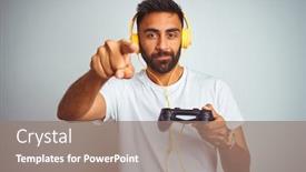  Presentation with video-background - Audience pleasing slide set consisting of arab indian gamer man playing video game using headphones over isolated white background pointing with finger to the camera and to you hand sign positive and confident gesture from the front backdrop and a coral colored foreground